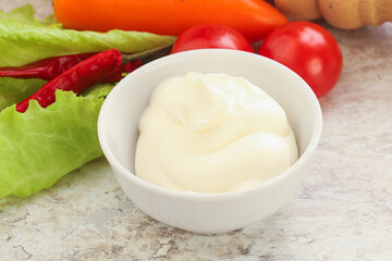 Organic mayonnaise sauce in the bowl