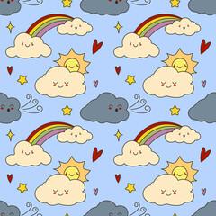 Vector hand-drawn color seamless childish simple pattern for kids with cute clouds and stars in Scandinavian style on a blue background. Baby pattern with clouds. Fabric design. Wallpaper. EPS