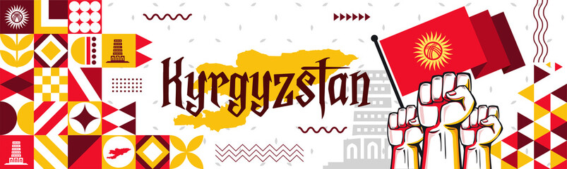 National day of Kyrgyzstan banner with retro abstract geometric shapes. Kyrgyzstan flag and map. Red yellow colors scheme with raised hands or fists. Vector Illustration