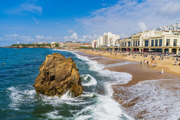 Biarritz, France, April 18, 2022.La Grande Plage, beach in the city of Biarritz, on the Atlantic coast of France - obrazy, fototapety, plakaty