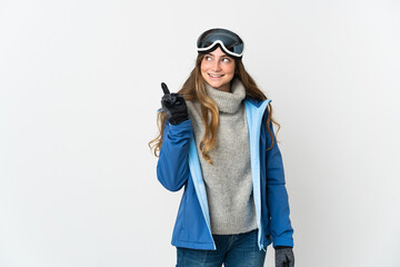 Skier girl with snowboarding glasses isolated on white background intending to realizes the...