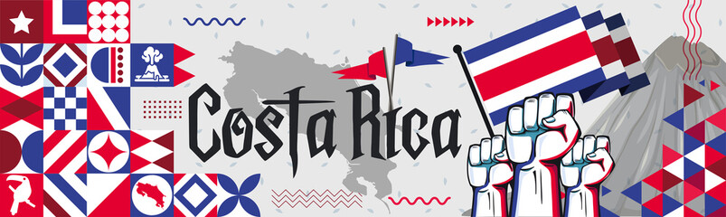 Costa Rica National day banner with abstract shapes. Costa Rican flag and map. Red blue triangles scheme with raised hands or fists. Arenal volcano landmark. Vector Illustration - obrazy, fototapety, plakaty