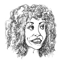 Woman laughs and smiles slyly. Comic style ink drawing.