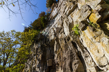 Rock climbing cliffs in nature trail conservation area near Toronto, Ontario, Canada.