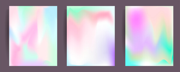 Fototapeta premium Gradient mesh cover set of backgrounds texture foil pearl shades. Abstract stylish gradient with holographic foil. 90s, 80s retro style 