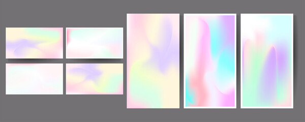 Gradient mesh cover set of backgrounds texture foil pearl shades. Abstract stylish gradient with holographic foil. 90s, 80s retro style	
