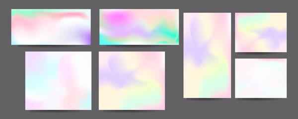 Fototapeta premium Gradient mesh cover set of backgrounds texture foil pearl shades. Abstract stylish gradient with holographic foil. 90s, 80s retro style 