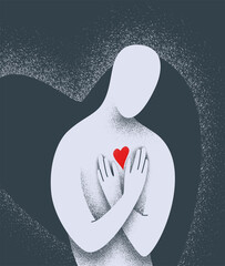 Human body protect heart in his chest vector illustration. Soul, humanity, love yourself concept in minimal simple flat style with texture effect - obrazy, fototapety, plakaty
