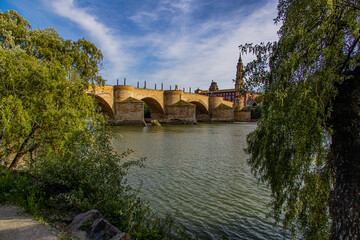 Fototapeta na wymiar spring urban landscape with pillar cathedral in Zaragoza, spain and the Ebro river