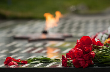 eternal flame and flowers in memory of the fallen soldiers