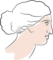 Greek goddess portrait in simple trendy style. A line art of famous sculpture. Decorative element for beauty poster or postcard. Feminine conceptual illustration.