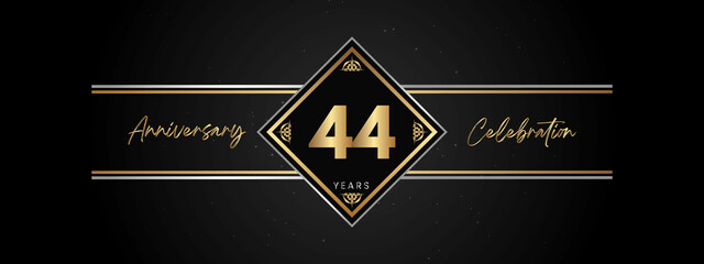 44 years anniversary golden color with decorative frame isolated on black background for anniversary celebration event, birthday party, brochure, greeting card. 44 Year Anniversary Template Design