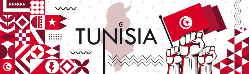 Tunisia Flag and map with raised fists. National or Independence day design for Tunisian celebration. Modern retro red white Islamic traditional abstract icons. Vector illustration.
