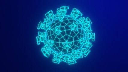 Coronavirus SARS-CoV-2 virus. Electron microscope enlargement size computer model, 3D rendering. Low poly glowing model.