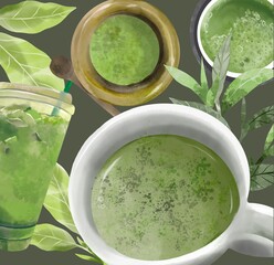 Matcha tea Japanese ceremony advertising banner, Matcha green Healthy drink illustration, Vegan relax lifestyle composition