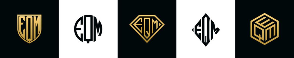 Initial letters EQM logo designs Bundle. This collection incorporated with shield, round, diamond, rectangle and hexagon style logo. Vector template