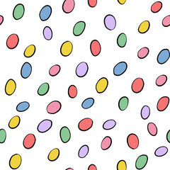 Happy Easter seamless pattern with colorful eggs on white background. Polka dots design for card, postcard, wallpaper, posters. Vector stock illustration. Cartoon style