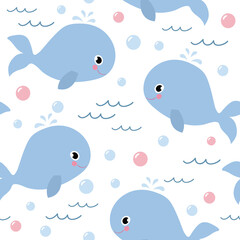 Seamless pattern with cute whale. Vector illustration isolated on white background.