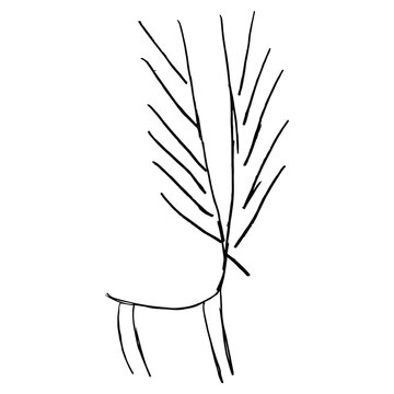 Stylized deer with antlers. Ancient animal design from Los Millares in Spain. Black and white linear silhouette. Hand drawn doodle sketch. 