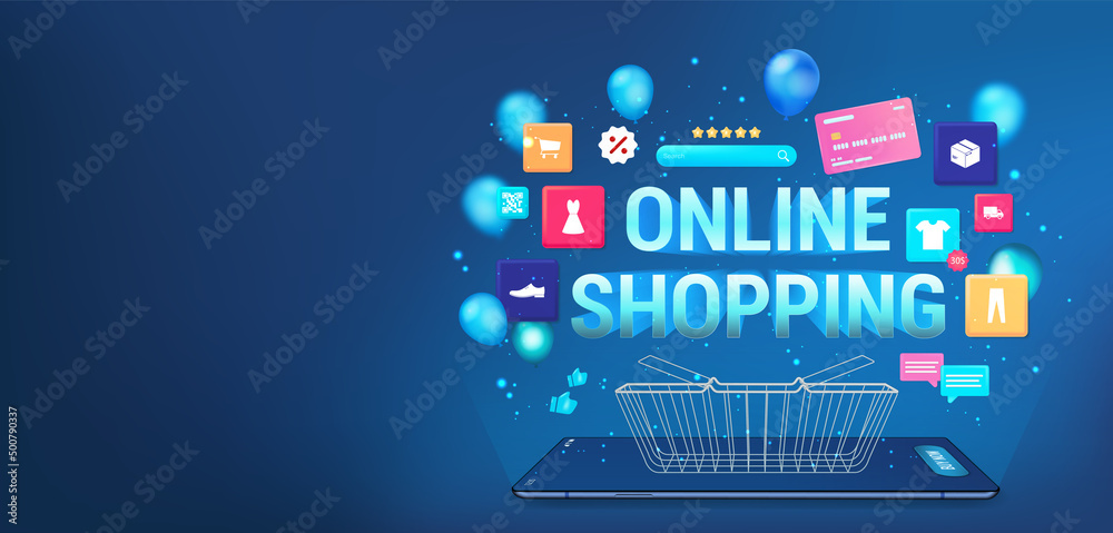 Poster internet shopping online through a website or a mobile application on a smartphone. e-marketing and 