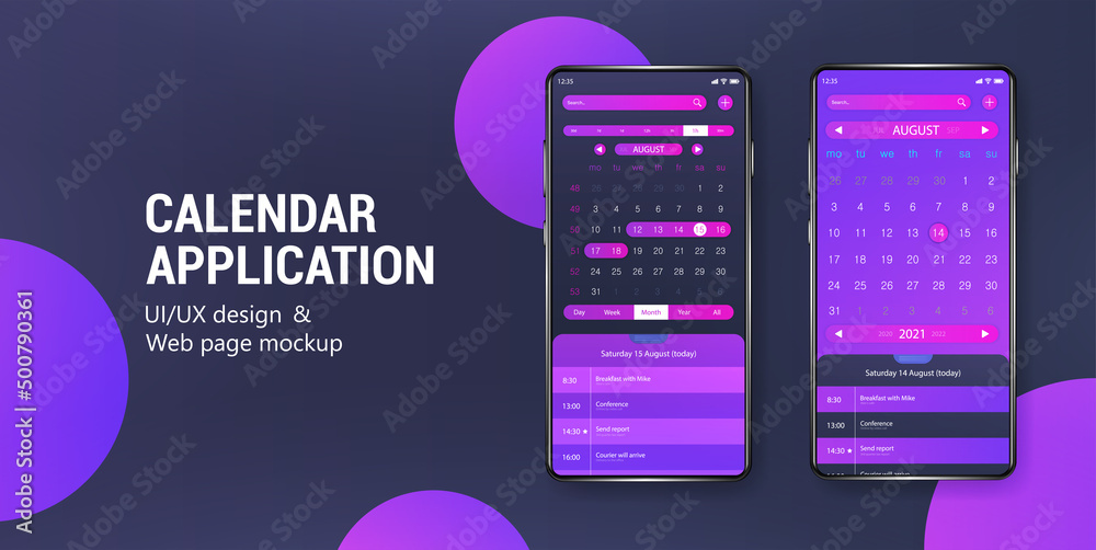 Poster Calendar Mobile App Mockup with gradient colors on 3D smartphone. Modern App calendar with planner, reminder, checklist, agenda. Dashboard with UI and various adjustments and filters. Vector planner