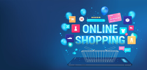 Internet shopping online through a website or a mobile application on a smartphone. E-marketing and Internet shops concept. 3D Mobile phone with Application, shopping cart, icons, UI App, Credit card