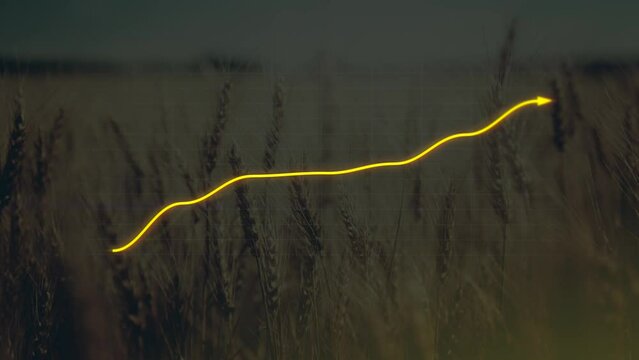 Animation 3D de la ligne montante du graphique &agrave; barres 2D avec fl&egrave;che vers le haut, valeur du stock Ultra HD 4K, fond de grain, symbole de nourriture alimentaire