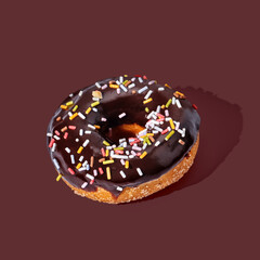 Chocolate donuts on red pastel background