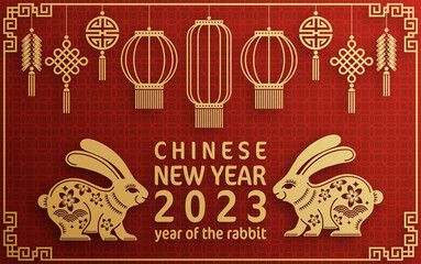 Happy chinese new year 2023 year of the rabbit zodiac with on color Background. (Translation : Happy new year)
