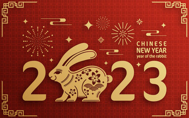 Happy chinese new year 2023 year of the rabbit zodiac with on color Background. (Translation : Happy new year)