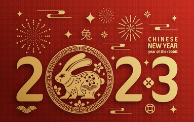 Happy chinese new year 2023 year of the rabbit zodiac with on color Background. (Translation : Happy new year)