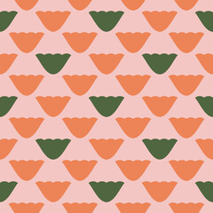 Vector geometric floral seamless pattern. Simple ornament texture with flower silhouettes, tulips. Abstract background in green, orange and pink color. Elegant minimal repeat design for decor, textile