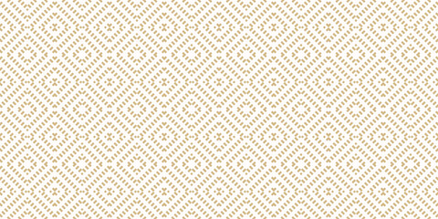 Golden vector geometric seamless pattern. Abstract gold and white graphic background with squares, rhombuses, grid. Simple wicker texture. Ethnic tribal style ornament. Repeat retro vintage geo design