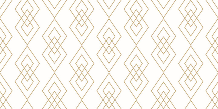 Vector golden geometric line texture. Elegant seamless pattern with diamonds, linear rhombuses. Abstract gold and white ornament. Art deco style. Trendy minimal background. Luxury repeat geo design