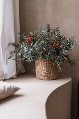 Winterberry bush in wicker basket on windowsill