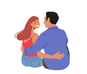 Obraz premium Male and Female Characters Sitting on Ground, Hug and Look in Eyes Rear View. Loving Couple Romantic Relations