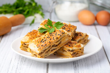 Traditional delicious Turkish cuisine, Turkish food; handmade mince pie, Turkish name; Kayseri Tandir boregi, Tandir boregi