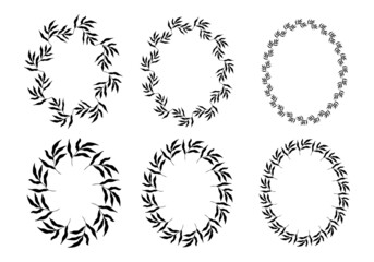 Illustration of collection of assorted oval shaped black frames made of plants on white isolated background
