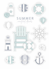 Pool and beach furniture, nautical decorations. Vector set of summer stickers 