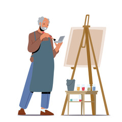 Aged People Creative Occupation, Leisure. Senior Man Artist Hobby. Old Male Painter Character Hold Paintbrush