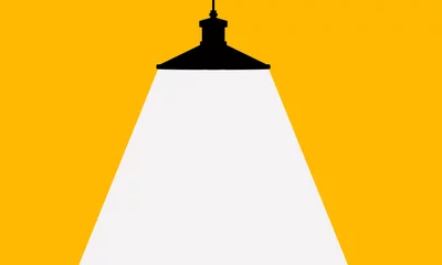 Rolgordijnen Lamp spotlight  illustration on Yellow background. Bulb Lighting From the Top White Smooth Light .  © MedRocky