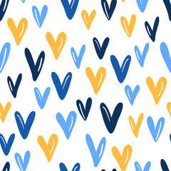 Seamless pattern with blue hearts. Template holiday vector illustration. Design for card, postcard, poster, print, banner. Cartoon colorful hearts on white background