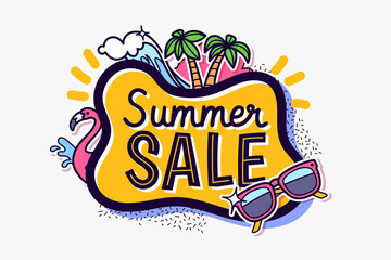 Summer Sale banner design in cartoon style. Lettering on abstract background of palm trees, flamingo and sea waves. Tropical backdrop. Promo badge for your seasonal design. Vector illustration