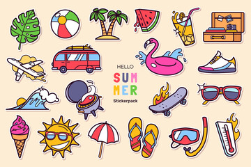 Colorful Summer stickers set in cartoon style. Summer holidays design elements - accessories, tropical plants, beach items, travel and sports objects, etc. Vector illustration - obrazy, fototapety, plakaty