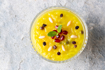 The traditional dessert of the Ottoman palace, Pudding-like sweet; Turkish Traditional Dessert Zerde