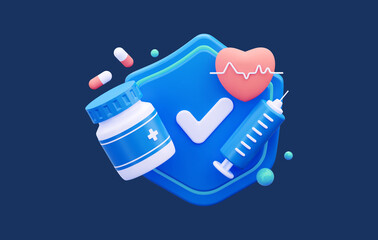 The concept of Treatment of safe medicines. Medicines with a syringe and a shield. 3d rendering. Medical healthcare