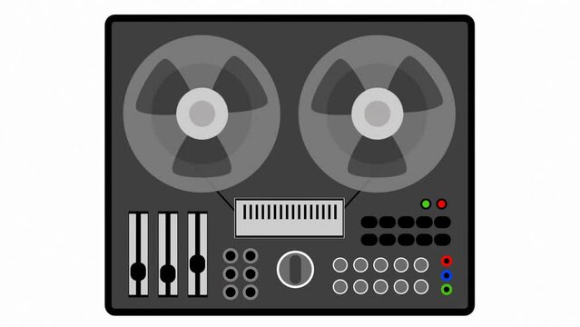 Drawn animated reel-to-reel tape recorder running on a white background