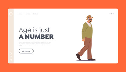 Senior Male Character Walking Landing Page Template. Aged Passerby Wear Glasses and Hat Walk on City Street