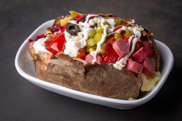 Kumpir, Turkish baked potato with cheese, corn, sausage, ketchup, mayonnaise and olives. This...