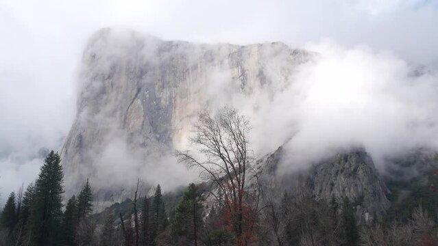 Foggy El Capitan mountain, cliff or steep rock, misty autumn weather, Yosemite valley, California, USA. Scenic crag, bluff and fall forest. Brume or haze clouds timelapse. Seamless looped cinemagraph.